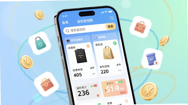 返利省钱购主界面展示手机购物返利场景,画面中央是一部大屏智能手机,屏幕显示返利省钱购APP的首页,包含搜索框、商品卡片和返利金额数字,背景为柔和的渐变蓝色与浅绿色,商品图标和金币元素环绕,整体明亮清晰,电商风格,产品渲染图