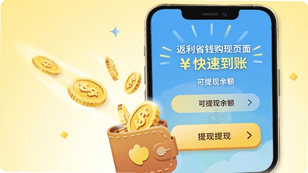 返利省钱购提现页面,手机界面显示可提现余额和提现按钮,金色硬币从屏幕底部飞入钱包图标,背景为浅黄色渐变,整体明亮活泼,突出快速到账特点,插画风格