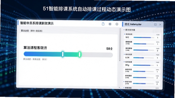51智能排课系统自动排课过程动态演示图,界面显示算法进度条与优化参数面板,背景为数据流动的科技感氛围,突出智能与高效