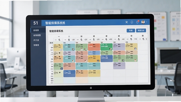 51智能排课系统主界面截图,展示清晰的课程表布局与功能导航栏,背景为简洁的教务办公环境,电脑屏幕上显示彩色课程安排格子,色调明亮专业