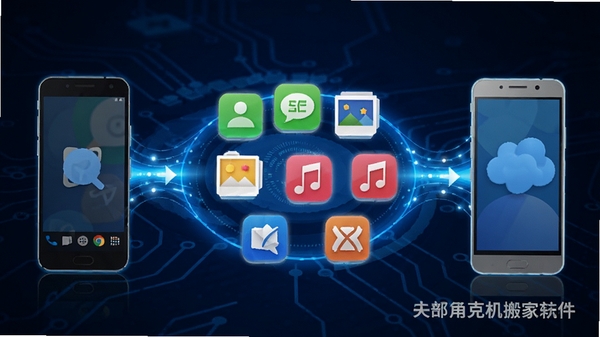 生成一张展示安卓克隆换机搬家全数据类型迁移的示意图,画面中央是数据图标集合(联系人、短信、照片、音乐、应用等)从旧手机流向新手机,背景为深蓝色科技感,光线明亮,突出数据全面覆盖的特点,包含软件名称水印。