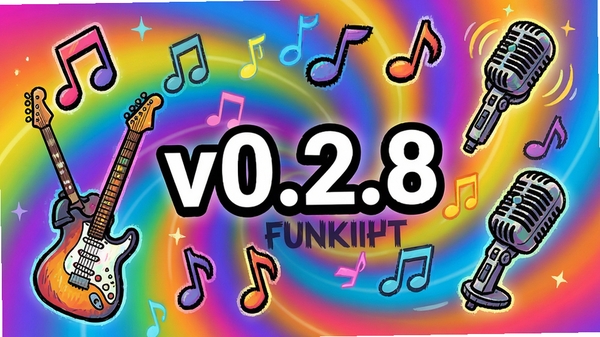 Friday Night Funkin 更新内容展示图,画面中央有“v0.2.8”字样,周围环绕着音符、吉他、麦克风等音乐元素,背景为动态渐变色彩,整体风格活泼,突出新版本特色,细节丰富。