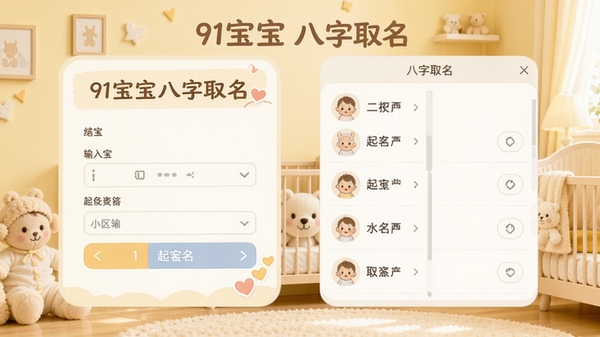 91宝宝八字取名主界面展示,左侧为输入区域,右侧为起名结果列表,背景为温馨的婴儿房,浅黄色调,软件界面清晰显示“91宝宝八字取名”字样,整体风格温馨专业,细节丰富,适合软件介绍场景。