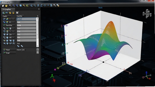 3d grapher软件主界面截图,展示三维坐标系与彩色函数曲面,背景为深色科技感界面,左侧有函数输入面板,右侧为可旋转的立体图像,整体风格专业清晰