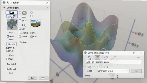 3d grapher导出菜单界面,显示图片格式选项与保存路径窗口,背景为已完成绘制的复杂函数曲面,色调柔和,强调功能完整性