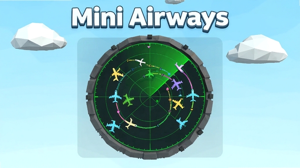 一款名为Mini Airways的航空管制模拟游戏主界面,画面中央是雷达屏幕,显示多架飞机图标与航线轨迹,背景为淡蓝色天空与简约云朵,整体采用清新低多边形风格,色彩明快,适合作为游戏宣传预览图