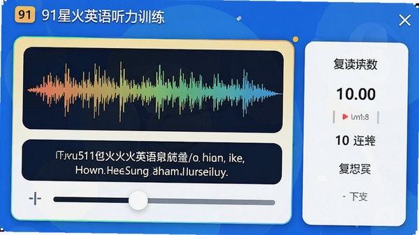 91星火英语听力训练界面特写,显示音频波形图与变速调节滑块,界面带有当前播放句子的中英文对照字幕,右侧有复读次数统计,整体UI采用卡片式设计,色彩明快