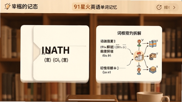 91星火英语单词记忆界面,展示单词卡片翻转效果,卡片正面为英文单词与音标,背面为释义与词根拆解图,背景有模糊的书架,色调柔和温暖