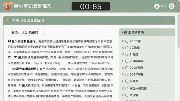 91星火英语真题练习页面,界面呈现标准答题卡样式,左侧是阅读理解文章,右侧是选项区域,顶部有倒计时显示,整体风格模拟真实机考环境,配色为护眼豆沙绿