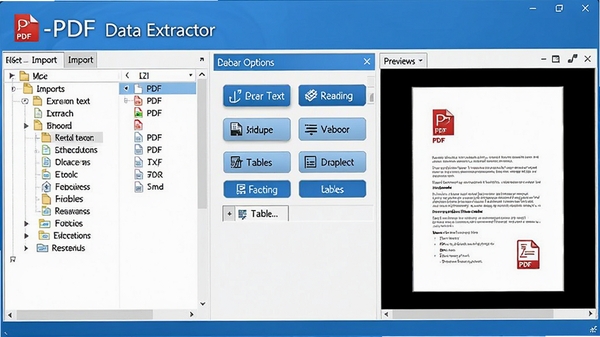 A-PDF Data Extractor软件主界面,展示PDF文件导入列表与提取选项面板,左侧文件树结构,右侧预览窗口,整体界面简洁清晰,采用蓝白配色,现代感设计,包含提取文本、图片、表格的功能按钮,画面明亮,软件logo醒目展示,背景为浅灰色工作台,细节丰富,体现专业文档处理工具定位
