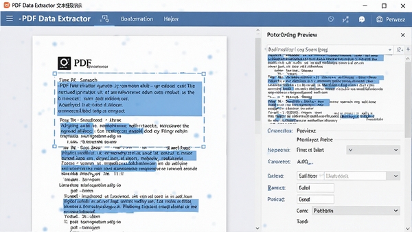 A-PDF Data Extractor文本提取功能演示,高亮显示PDF页面中被选中的文字区域,右侧显示提取后的纯文本预览,界面展示提取设置选项,包括页面范围选择、输出格式设定,画面专业,蓝色高亮标注提取内容,背景为浅色文档界面,突出文字识别精准特性