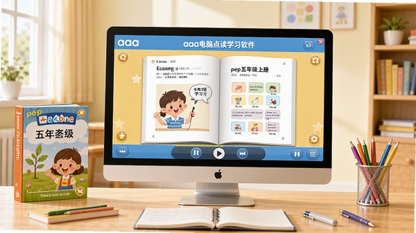 一款名为aaa电脑点读学习软件pep五年级上册的电脑学习教育软件全貌,界面展示小学英语课本点读场景,屏幕上有清晰放大的课本页面和播放控制条,背景是明亮整洁的书房环境,桌上摆放着五年级英语教材和文具,整体色调温馨童趣,高清渲染,软件界面细节丰富