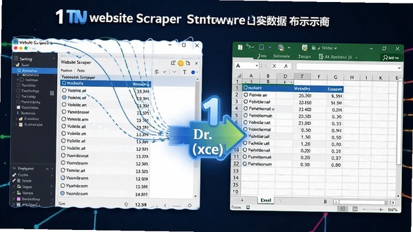 a1 website scraper软件导出数据到Excel表格的示意图,画面展示软件界面与Excel表格并排显示,数据从软件界面流动到表格中,色彩明亮,突出数据导出功能,16:9比例