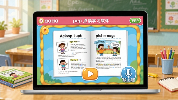 软件主界面全貌,一台笔记本电脑屏幕上显示aaa点读学习软件pep三年级上册的彩色卡通界面,界面中包含英语课本页面、播放按钮和跟读麦克风图标,背景是明亮的教室,桌上摆放着教科书和文具,画面温馨充满童趣,整体风格扁平化设计,分辨率清晰