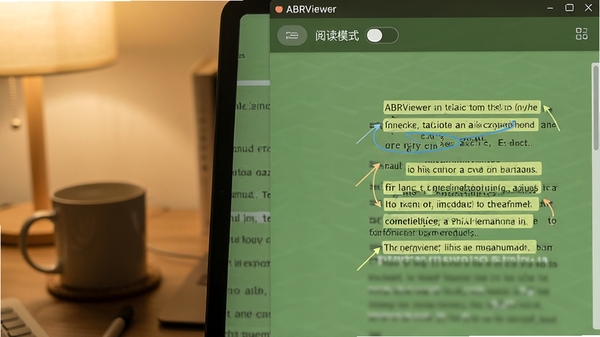 ABRViewer�������Ի��Ķ�ģʽ���棬չʾ�令����ɫ�����µĵ�ҳ�Ķ�Ч�������涥�����Ķ�ģʽ�л���ť�������Ҳ��и���ע�͵��ı�Ƭ�Σ������Χ�������ʣ������������û������ϸ�¹ػ��������ܰ���
