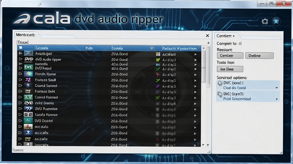 acala dvd audio ripper界面全览,主窗口显示DVD音轨列表与转换选项,背景为深蓝色科技感界面,突出软件名称acala dvd audio ripper,画面清晰明亮,适合作为软件介绍图