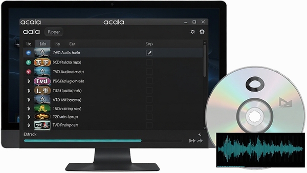 acala dvd audio ripper音轨提取界面,显示多声道音轨列表与提取进度条,背景为深色电脑屏幕,旁边有DVD光盘与音频波形图,画面现代简洁,突出软件功能