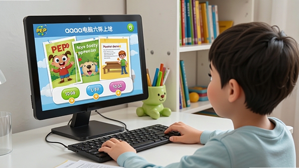 一幅温馨的家庭学习场景,孩子正使用电脑上的aaa电脑点读学习软件pep六年级上册学习英语,屏幕上显示色彩丰富的PEP教材页面和清晰的点读按钮,背景是整洁的书桌和书架,画面明亮,风格写实,突出软件易用性与学习氛围