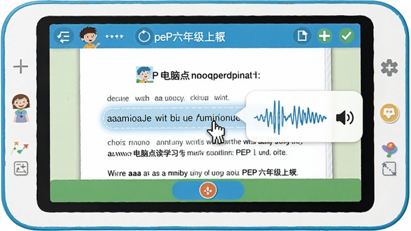 aaa电脑点读学习软件pep六年级上册的界面特写,屏幕中央显示PEP六年级上册英语课本的某一页,鼠标指针悬停在句子上,旁边浮现出发音波形图和小喇叭图标,界面设计简洁清爽,色彩明快,体现即点即读的核心功能