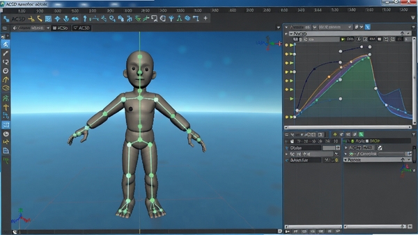 AC3D软件骨骼动画编辑界面,一个3D角色模型显示骨骼关节,右侧为关键帧动画曲线,时间轴面板可见,背景为渐变蓝色,突出软件的动画功能