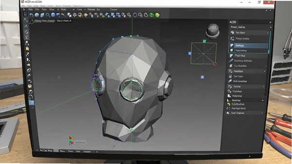AC3D软件多边形建模工具特写,一个正在编辑的3D机器人头部模型,屏幕显示顶点、边、面编辑模式,工具面板高亮显示,背景为工作台,光线明亮,细节丰富,突出软件的专业性与实用性