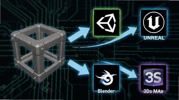 AC3D软件格式转换功能示意,一个3D模型被箭头指向多个软件图标,包括Unity、Unreal、Blender、3ds Max,背景为技术感线条,色彩鲜明,体现软件强大的兼容性