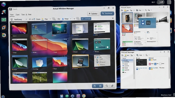 Actual Window Manager ������Ԥ��ͼ��չʾ���������ڼ�����������������壬��������������ִ�������Ϊ��ɫ�����ֽ��ǰ��Ϊ�����������棬ͻ����������ͼ�빦�ܰ�ť