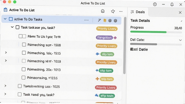 Active To Do List 软件功能展示图,画面中显示多层级任务列表,包含主任务与缩进的子任务,任务前有复选框和优先级彩色标签,右侧有任务详情面板,显示进度条和截止日期,界面清晰展示任务组织逻辑,桌面软件截图风格