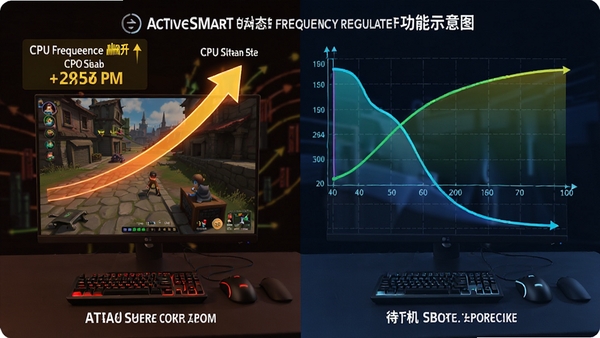 ActiveSmart动态频率调节功能示意图,左侧显示高负载游戏场景下CPU频率飙升,右侧显示待机状态下频率回落,背景为能效曲线图表,色彩鲜明对比