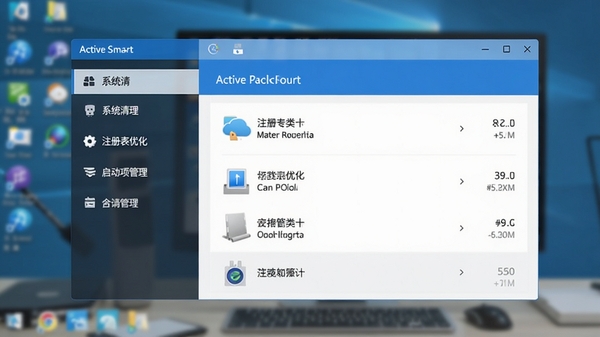 Active Smart 软件主界面预览图,展示其智能扫描结果面板,左侧功能列表包含系统清理、注册表优化、启动项管理等模块,右侧显示扫描出的垃圾文件分类与大小,界面风格现代简洁,以蓝色和白色为主色调,背景为模糊的电脑桌面