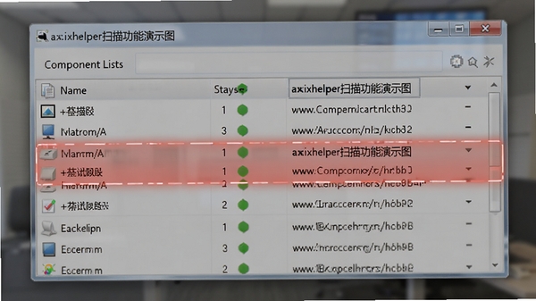 activexhelper扫描功能演示图,显示组件列表界面,包含组件名称、状态图标、路径信息列,界面中高亮显示一个异常组件,背景为半透明效果突出主窗口