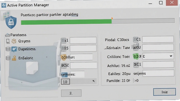 Active partition manager正在执行无损分区调整的界面,显示分区进度条和详细参数,背景为浅灰色操作窗口,强调数据安全图标