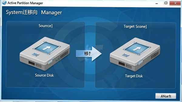Active partition manager系统迁移向导界面,展示源磁盘与目标磁盘的对应关系,背景为蓝色渐变,突出迁移流程的清晰指引