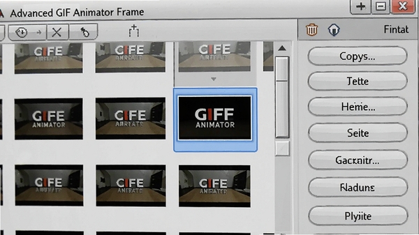 Advanced GIF Animator 帧管理面板特写,显示多帧缩略图排列,其中一帧处于选中高亮状态,旁边有复制、删除等操作按钮,界面细节丰富