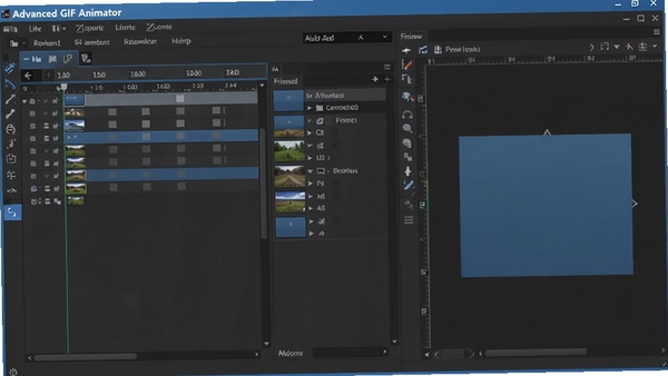 Advanced GIF Animator 软件主界面预览图,展示时间轴面板、帧列表和画布编辑区,界面布局清晰,色调以深灰与蓝色为主,整体风格专业且现代