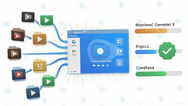 Aiseesoft mod converter suite格式转换过程示意图,展示多种视频格式文件图标汇聚到软件界面中央,周围环绕转换进度条和完成状态标识,整体配色明亮清晰