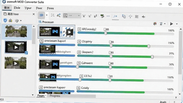 Aiseesoft MOD Converter Suite批量转换功能界面,多个视频文件在转换队列中排列,进度条显示处理状态,背景为浅灰色工作台风格,软件界面细节清晰,突出高效处理能力