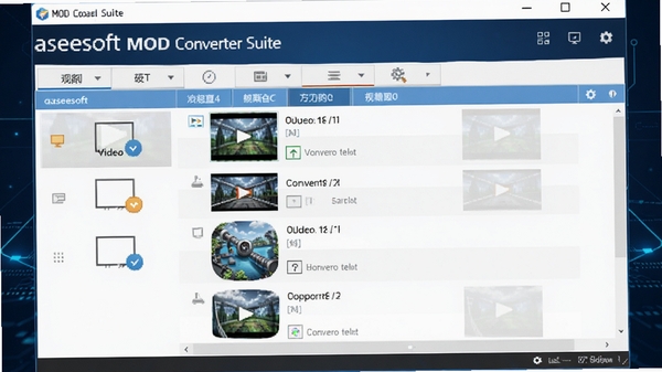 Aiseesoft MOD Converter Suite在电脑屏幕上运行的界面全貌,主窗口显示软件名称和视频转换列表,背景为深蓝色科技感风格,界面布局清晰可见,整体画面明亮且专业