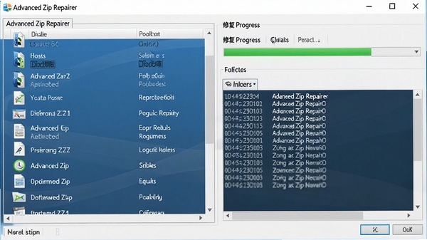 高级压缩文件修复软件Advanced Zip Repairer的主界面截图,左侧显示待修复文件列表,右侧为修复进度与日志区域,背景为干净的蓝色渐变,整体风格专业且现代,高清数字渲染