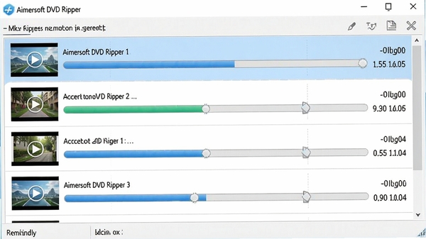 Aimersoft DVD Ripper批量转换任务进行中的截图,界面显示多个视频文件正在同时处理,每个任务都有进度条和剩余时间预估,整体风格简洁明亮