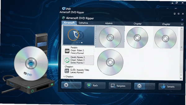 Aimersoft DVD Ripper软件主界面预览图,展示DVD光盘插入电脑光驱后,软件自动识别标题与章节,界面布局清晰,功能按钮直观,背景为深蓝色科技感风格