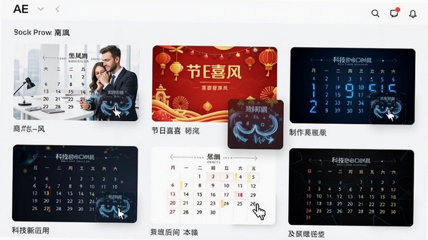 AE日历制作模板库界面,展示多种风格各异的动态日历缩略图,如商务风、节日喜庆风、科技感数字风,鼠标悬停预览动画效果,界面设计整洁美观