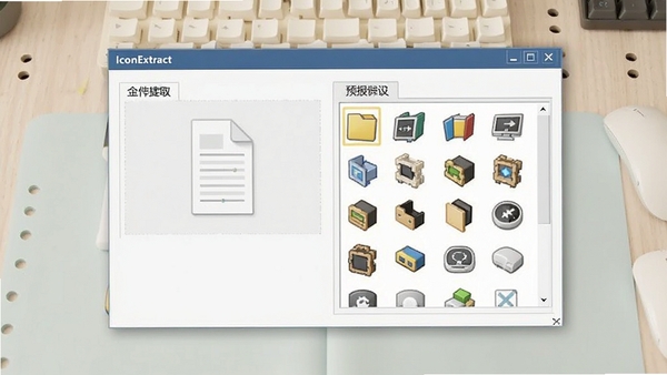 AIconExtract软件主界面截图,展示其简洁的工具布局和图标提取功能,背景为浅色工作台,软件窗口居中显示,界面清晰标注文件导入区域与图标预览列表