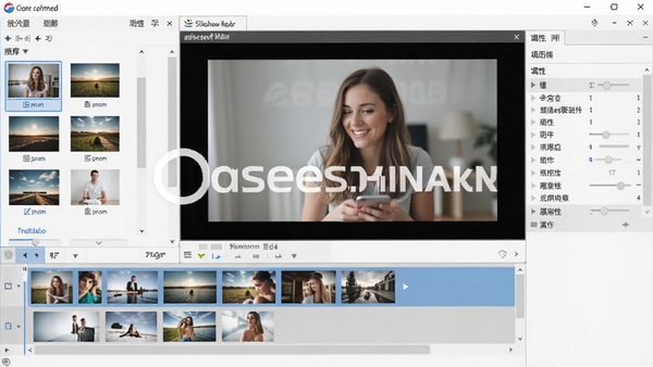 Aiseesoft Slideshow Maker 软件主界面截图,左侧素材导入区,中间视频预览窗口,右侧属性调整面板,整体设计简洁清晰,背景为浅灰色工作台,显示多张照片素材排列在轨道上,画面明亮干净,突出软件的品牌名称水印
