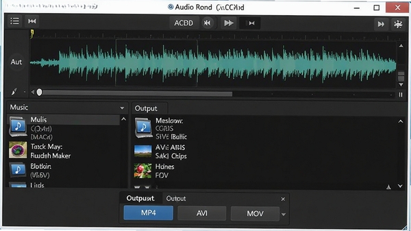 Aiseesoft Slideshow Maker 音频编辑轨道界面,显示波形图和音乐文件列表,下方有输出格式选择菜单,包括MP4、AVI、MOV选项,界面元素清晰,突出音频与输出的设置功能