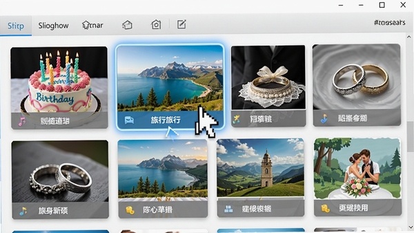 Aiseesoft Slideshow Maker 主题模板选择界面,展示多个带有缩略图的模板卡片,如生日蛋糕、旅行风景、婚礼戒指等主题,卡片排列整齐,鼠标悬停在其中一个模板上,界面高亮显示,整体色彩鲜艳,体现软件的丰富功能