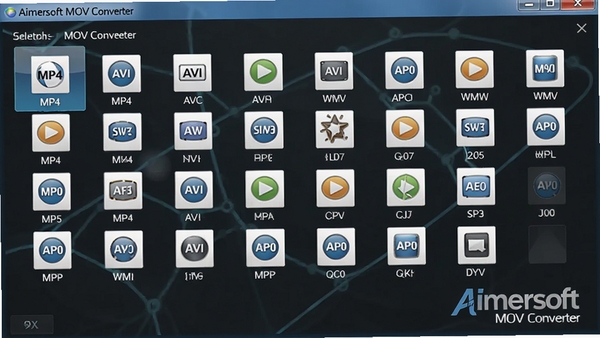 Aimersoft MOV Converter格式选择界面,展示多种输出格式图标,如MP4、AVI、WMV等,排列整齐,界面明亮,软件名称水印在右下角。