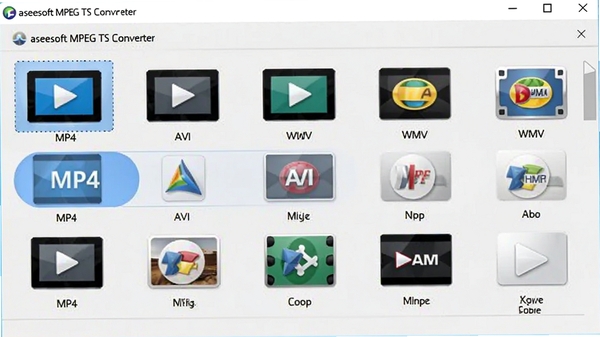 Aiseesoft MPEG TS Converter��ʽѡ����棬չʾ������Ƶ��ʽͼ�����У�����Ϊǳ��ɫ��ͻ��MP4��AVI��WMV��ѡ�����������