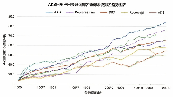 AKS阿里巴巴关键词排名查询系统排名趋势图表,折线图展示关键词排名变化,不同颜色线条区分不同关键词,背景为白色,图表清晰易读