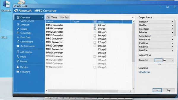 一张展示Aimersoft MPEG Converter主界面的高清截图,界面布局清晰,左侧为功能菜单,中间为文件列表,右侧为输出格式选择区域,整体色调为蓝白相间,背景为简约电脑桌面环境,突出软件专业性与易用性